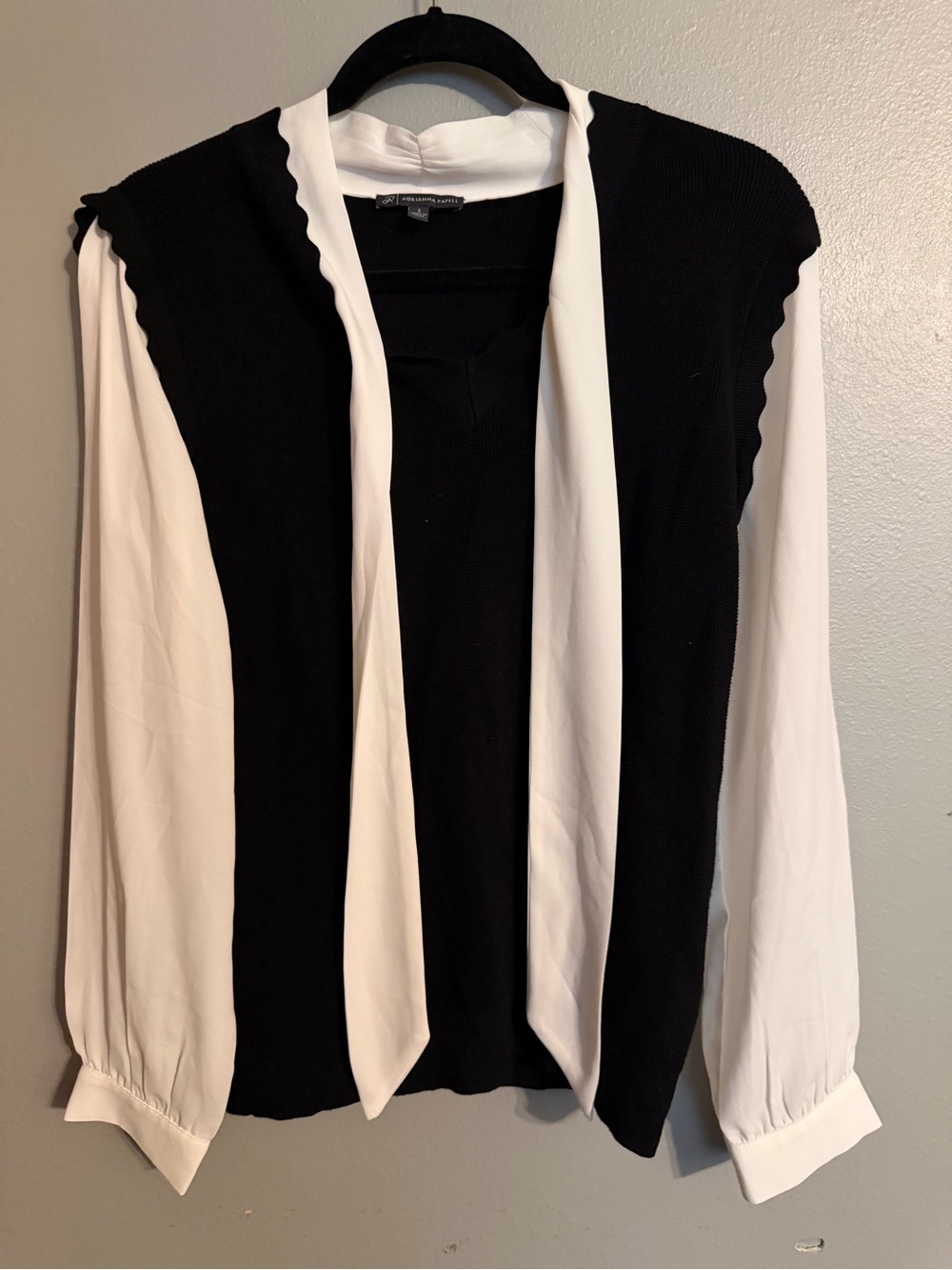 Adrianna Papell Black White Tie Neck Mixed Media Sweater Blouse Small